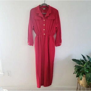 Saint Germain Petite Vintage Red Retro USA Long Sleeves 70s 80s Jumpsuit L Large